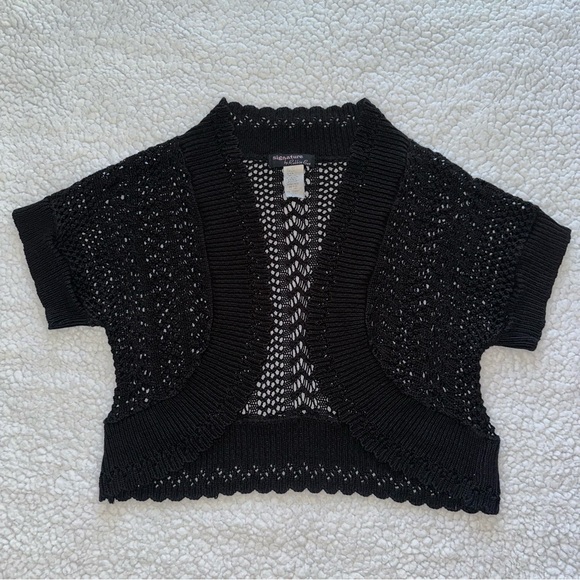 VTG crochet bolero short sleeve shrug cardigan black Y2K vintage crop top PL - Picture 1 of 6